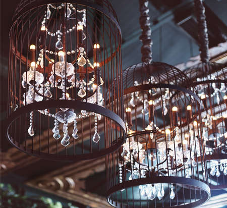 Chrystal chandeliers close-up. Glamour background with copy spaceの写真素材
