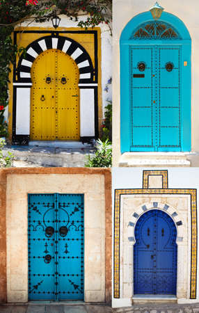 Doors of Sidi Bou Said. La Gulett, Tunisia. White and blue townの写真素材