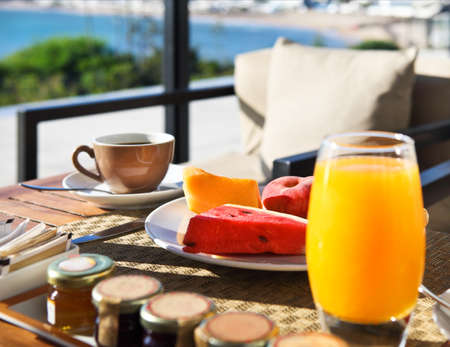 Tasty breakfast in the morning with beautiful sea viewの写真素材
