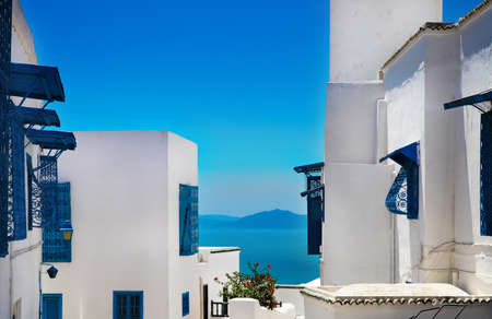 Sidi Bou Said. La Gulett, Tunisia. White and blue townの写真素材