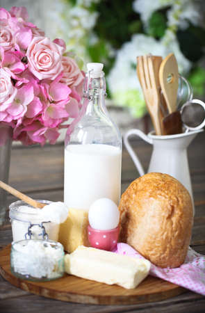 Ingredients for dough on white wooden table. Close upの写真素材