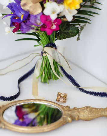 Wedding details with wedding bouquet. Bridal morningの写真素材