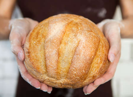 Fresh bread in female hands on light blurred background