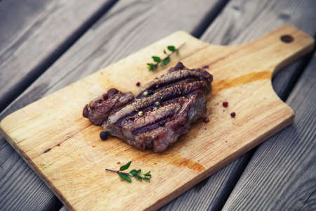 BBQ steak. Barbecue grilled beef steak meat. Healthy food. Barbeque steak dinnerの写真素材