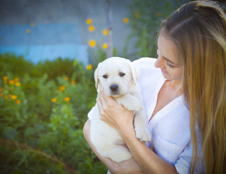 Close up of woman in white blouse with puppy of labrador in the summer gardenの写真素材