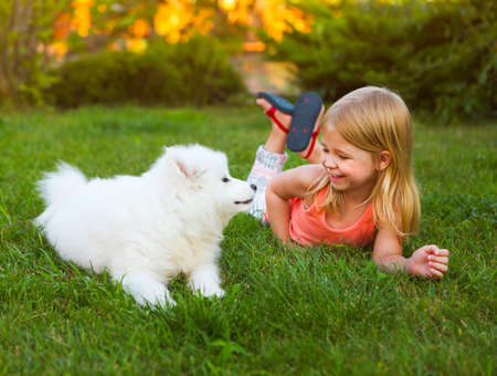 Little smiling girl playing with Samoyed puppy in the summer garden on the green grassの写真素材