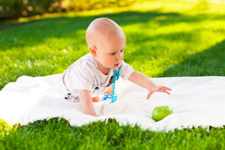 Happy baby boy with green apples on green grass in summer park. Healthy eating conceptの写真素材