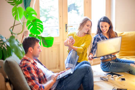 Business people conversation with technology at hand. Exchange of new ideas and brainstorming...