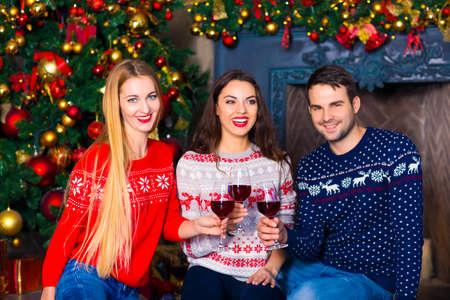 Young friends near fireplace celebrating Christmas with red wine.の写真素材