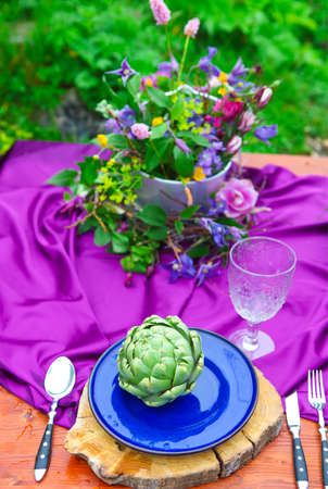 Wedding table setting decorated in rustic style. Close upの写真素材