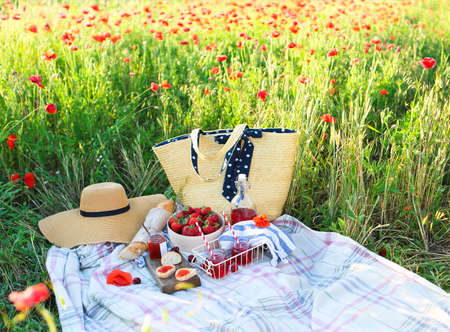 Basket, sandwiches, plaid and juice in a poppy field. Vintage tender background. Romance, love, dateの写真素材