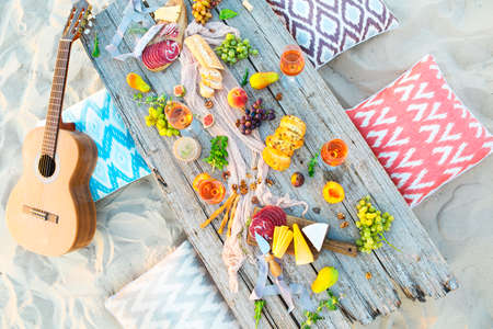 Top view beach picnic table outdoors. Beach partyの写真素材