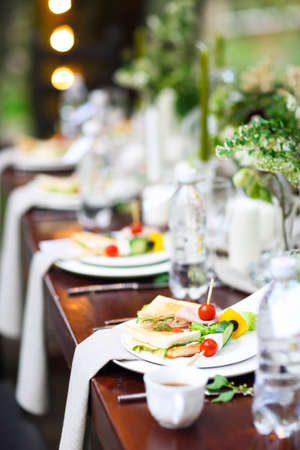 Decoration of wedding table with crystal vases, flowers and appetizer in botanical style in the gardenの写真素材
