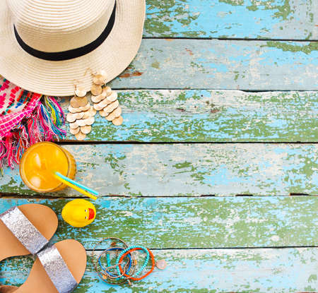 Young woman accessories for summer vacation. Modern lifesyle conceptの写真素材