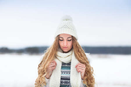 Cute young woman in wintertime outdoor, Karelia, Russiaの写真素材