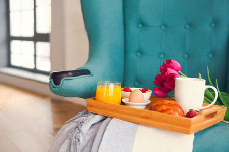 Healthy morning breakfast on tray top view close up