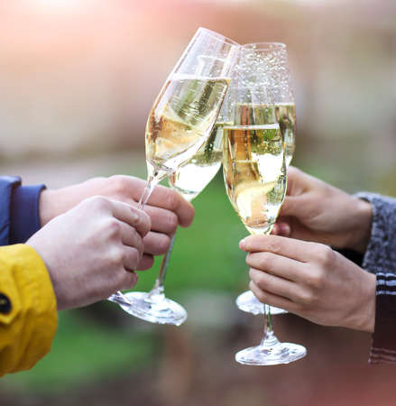 Friends making toast. Party with sparkling champagne glasses outdoors
の写真素材