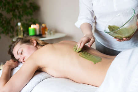 Beautiful relaxed woman having clay mask applying by beautician in the spa salon の写真素材