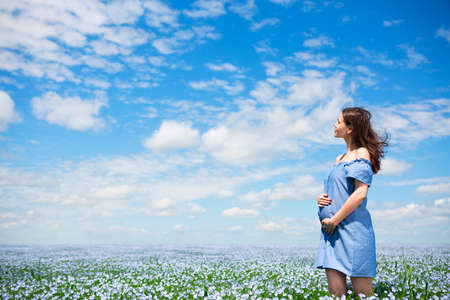 Portrait of a young beautiful pregnant woman in linen fieldの写真素材