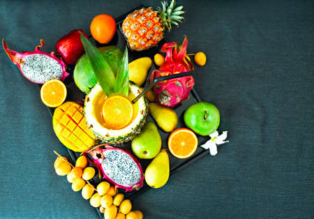 Exotic fruits on the tray. Close up