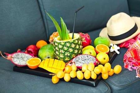 Exotic fruits on the tray. Close up