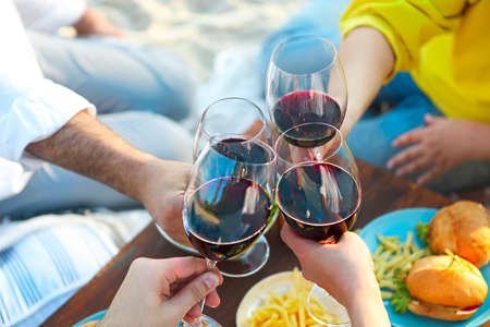 Summer picnic with red wine. Outdoor party or celebrationの写真素材