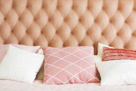Modern bedroom with pillows. Close upの写真素材