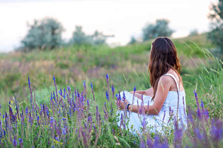 Woman sitting back in the grass. Rear view. Concept photoの写真素材