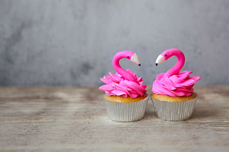 Two flamingo cupcakes for the Birthday partyの写真素材