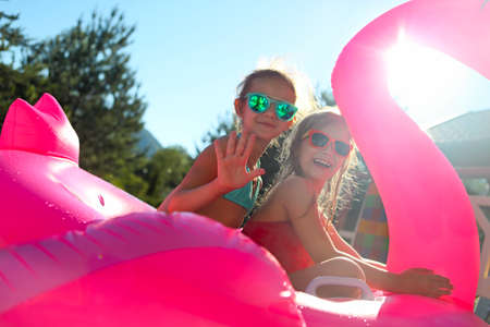 Portrait of two girls wearing sunglasses, happy friends on inflatable flamingo swim float, enjoying pool party in summerの写真素材