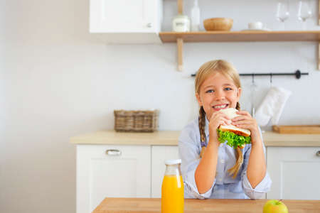Happy little girl of school age, blonde kid enjoying healthy breakfast eating sandwich and fruits and drinking orange juice sitting at bright sunny kitchenの写真素材