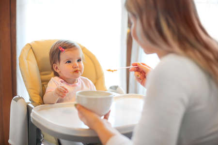 Mother feeding an adorable toddler girl healthy baby foodの写真素材