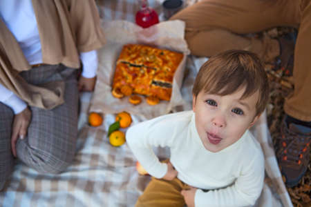 Happy family together on autumn picnic in the eveningの写真素材