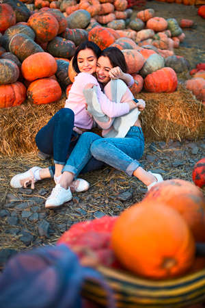 Fashionable beautiful young girlfriends together at the autumn pumpkin patch background. Having fun...