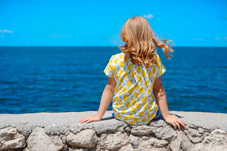 Back view of little girl in colorful casual wear sitting on stone fence and admiring blue sea in...