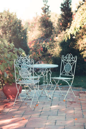 Vintage metal garden chairs and table on paved terrace with green plant in clay vase with autumn trees in backgroundの写真素材