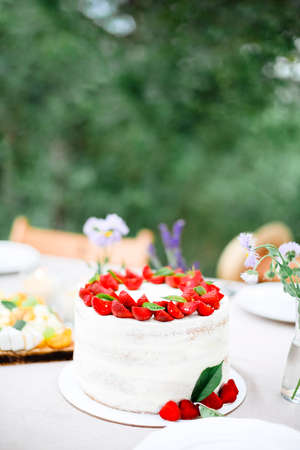 Tasty cake with berries placed on banquet table near flowers and dishware on summer day in garden