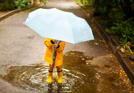 Little girl wearing yellow coat and boots under blue umbrella in rainy dayの写真素材