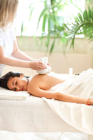 Female therapist massaging back of woman lying on table in spa salon and relaxingの写真素材