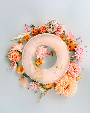 Top view of fresh flowers arranged around cold ring shaped ice on light blue backgroundの写真素材