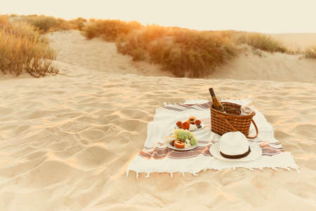 Basket with bottle of wine and plates with fresh fruits placed on blanket near hat during romantic picnic on sandy beachの写真素材