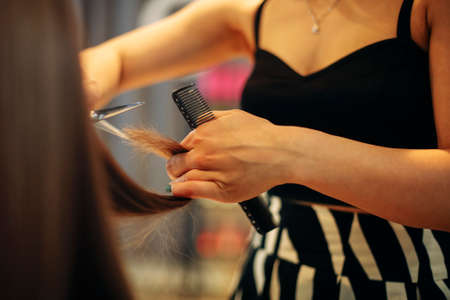 Crop hairstylist using comb and scissors to cut hair of happy female client during work in salonの写真素材