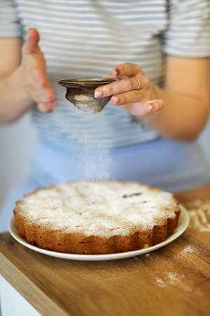 Cropped photo of woman in apron housewife sprinkling delicious cake with icing sugar through...