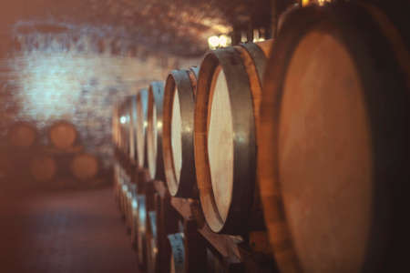 Old oak barrels in a wine cellar with copy spaceの写真素材