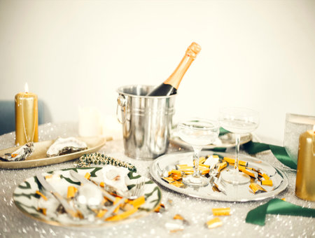 Christmas And New Year Holiday Table Setting With Champagne. celebration. Place setting for...