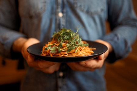 Handsome man eating pasta at home. Male hands holding plate with spaghettiの写真素材