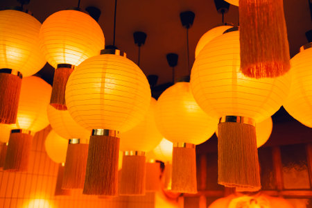 Red lanterns hanging in rows during chinese lunar new year. night background