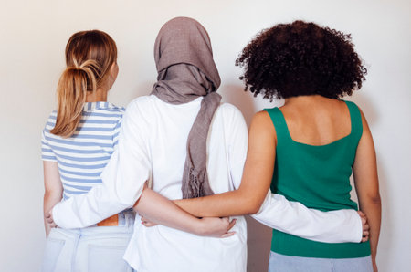 Strong female friendship. Rear view ttree teen girls best friends holding hands behind back and...