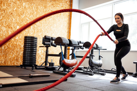 Battle rope session. Attractive young slim and fit sportswoman working out in the gym for functional training doing crossfit exercises with battle ropes, copy space, battle ropes, motivationの写真素材