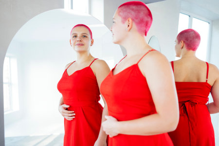 Beautiful relaxed woman in red long dress and red shot hair looking to the mirror. concept of body positiveの写真素材